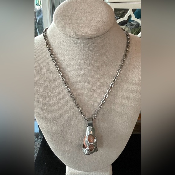 Danish Design SMYK brutalist necklace carnelian agate silver metal 25” chain - Picture 9 of 16